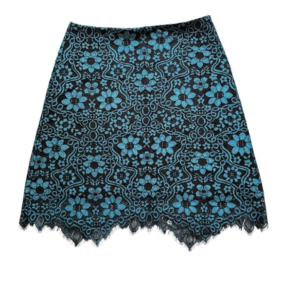 For Love & Lemons Skirt Size Small Mini Floral Lace Scalloped Fringe Black Blue - Picture 1 of 14
